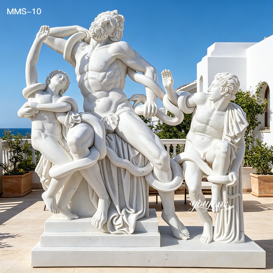 Exquisite Laocoon group marble sculpture featuring intricate detail, placed in an elegant outdoor setting with scenic views.
