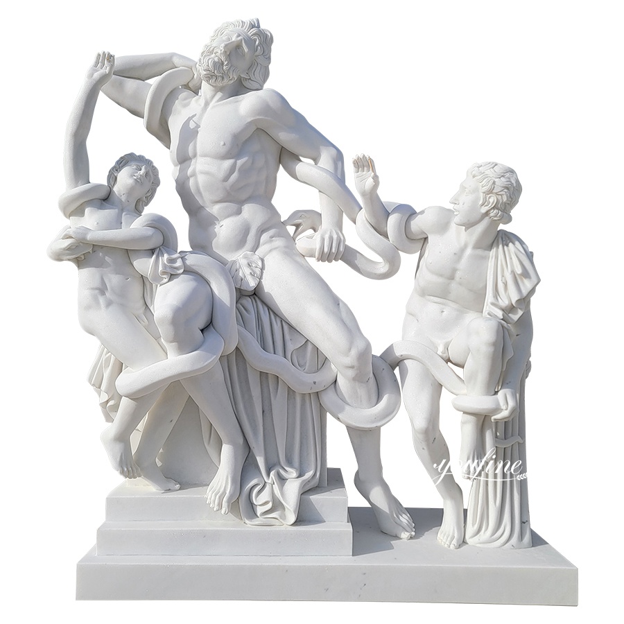 Marble sculpture of Laocoön and His Sons, depicting the dramatic struggle with serpents, expertly carved with detailed expressions.