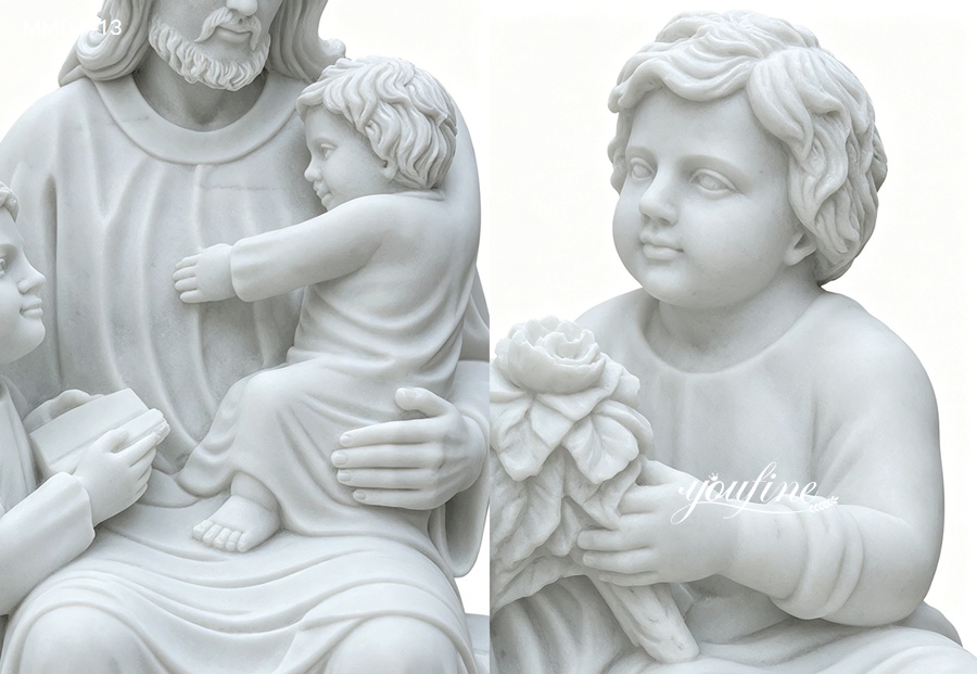 A detailed marble sculpture of children with soft expressions and delicate features, showcasing exquisite craftsmanship.