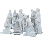 Intricately carved marble group sculpture of classical figures in a gathering, featuring detailed poses and flowing garments.