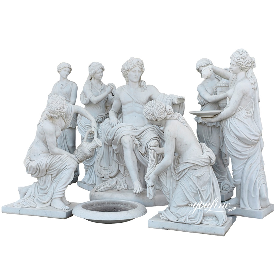 Intricately carved marble group sculpture of classical figures in a gathering, featuring detailed poses and flowing garments.