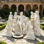 Intricately carved marble group sculpture depicting classical figures in a courtyard with arches, greenery, and a fountain.
