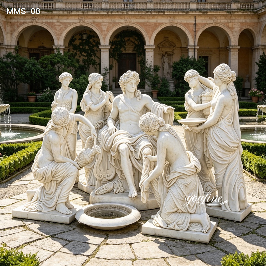 Intricately carved marble group sculpture depicting classical figures in a courtyard with arches, greenery, and a fountain.
