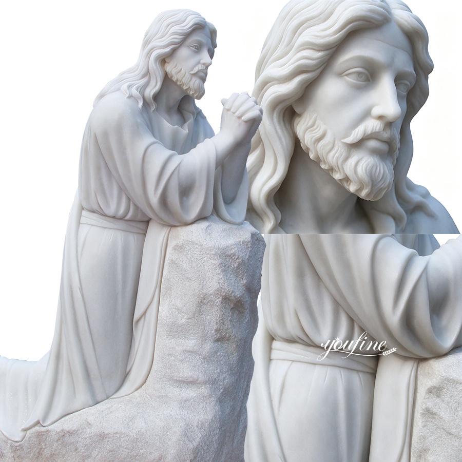 White marble sculpture of Jesus in prayer, with intricate details on the face, beard, and hands, showcasing superior craftsmanship.