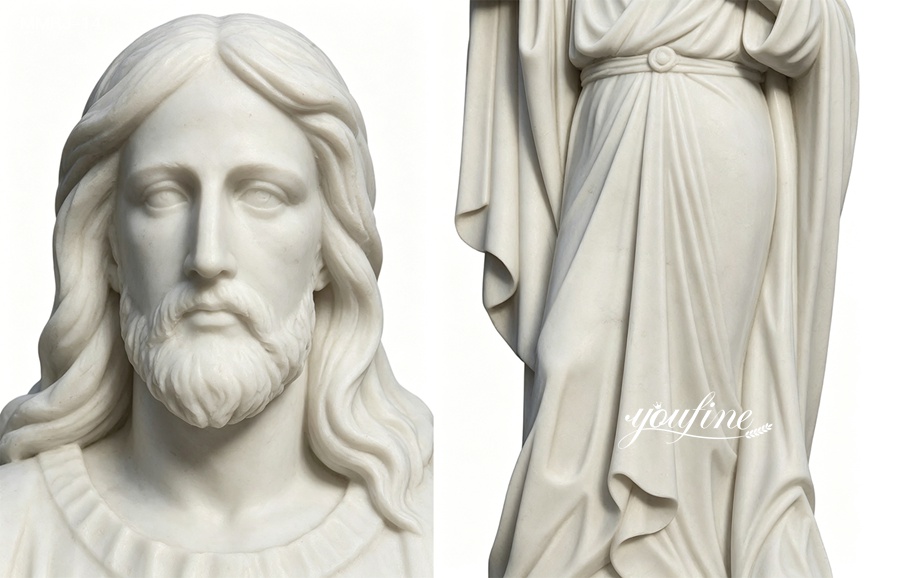 Closeup of a finely detailed marble sculpture of Jesus, showcasing delicate facial features and flowing robe design.