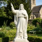 A white marble statue of Jesus with one hand raised, placed in a beautifully landscaped church garden with flowers and a historic stone church in the background.