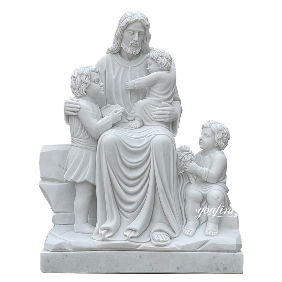 White marble sculpture depicting Jesus seated with three children surrounding him, showcasing detailed carving and serene expressions.