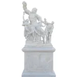 A detailed marble sculpture depicting the Laocoön group with three figures entangled in serpents, atop a marble pedestal.