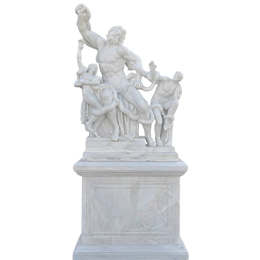 A detailed marble sculpture depicting the Laocoön group with three figures entangled in serpents, atop a marble pedestal.