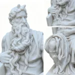 Close-up of a detailed marble sculpture depicting Moses with a flowing beard and draped clothing, showcasing superior craftsmanship.