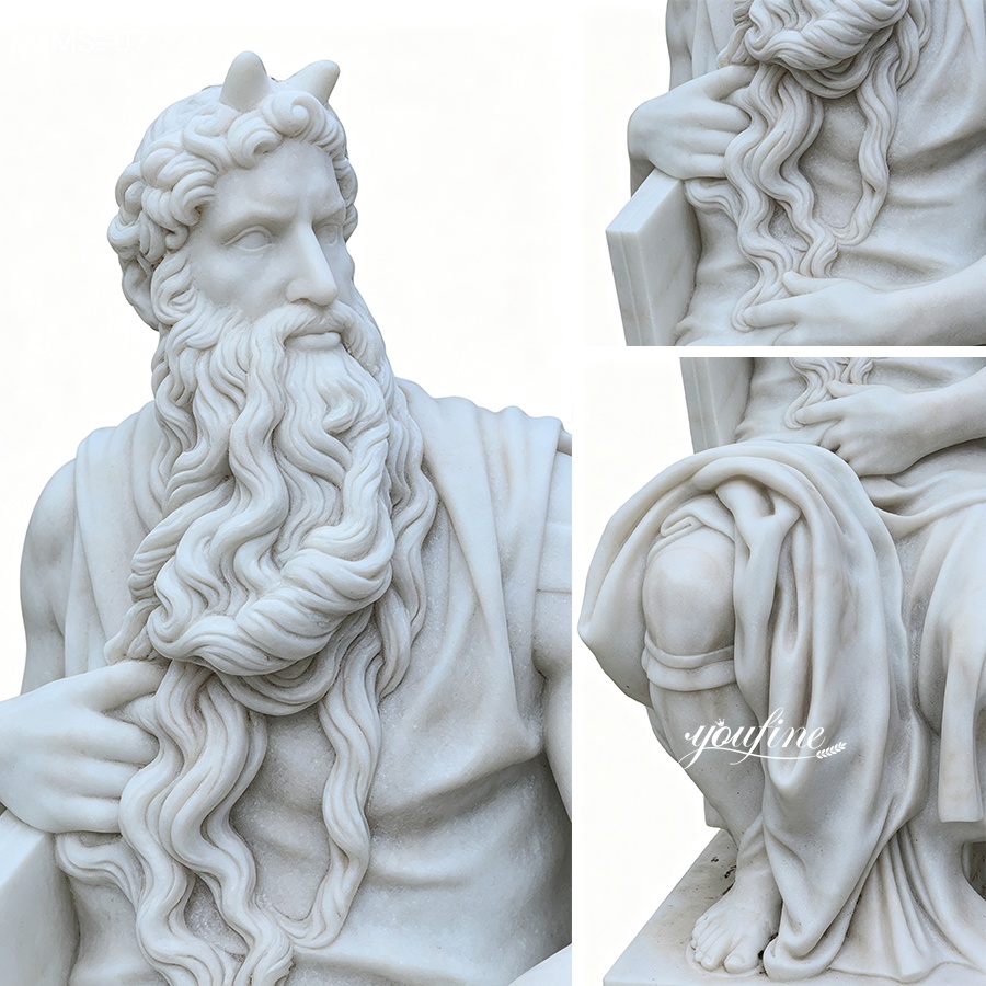 Close-up of a detailed marble sculpture depicting Moses with a flowing beard and draped clothing, showcasing superior craftsmanship.