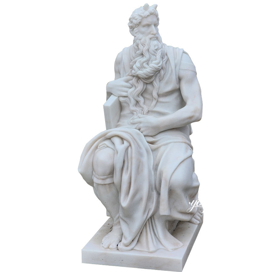 A seated marble sculpture depicting Moses with intricate carvings of his flowing beard and robes, emphasizing classical artistry.
