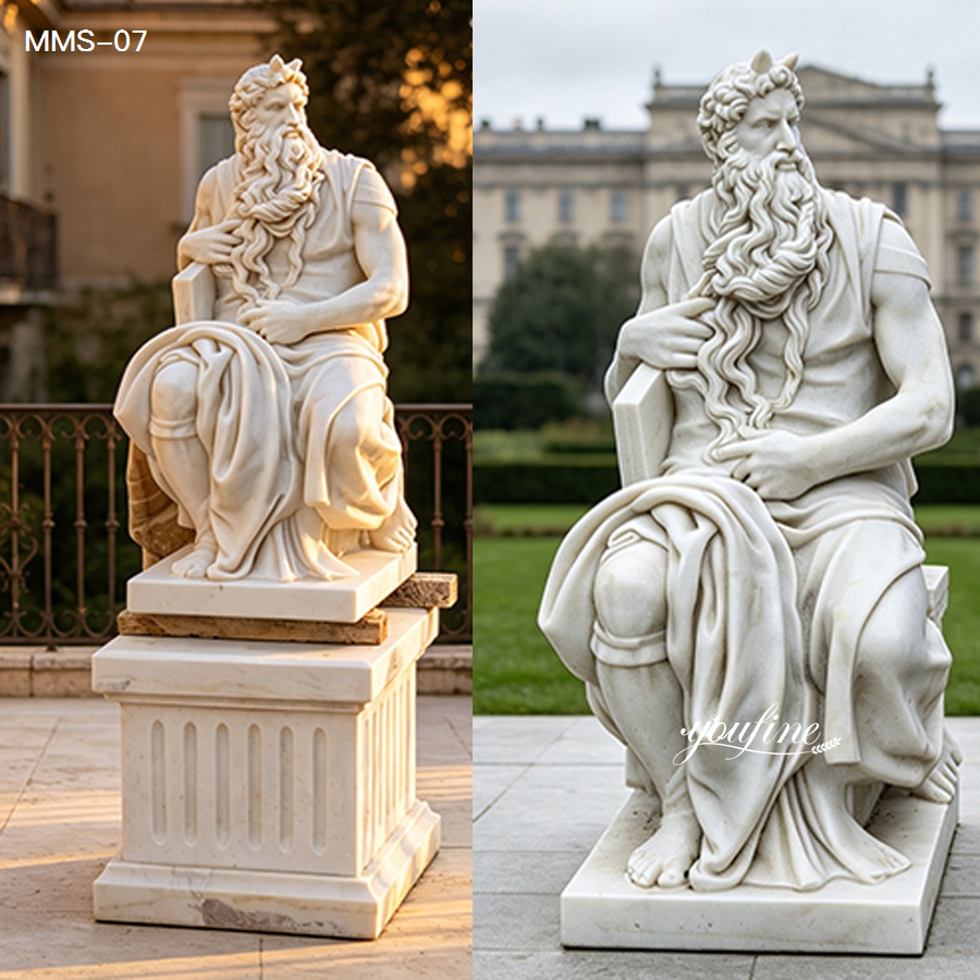 A beautifully carved marble statue of Moses, showcasing intricate detailing and realistic drapery, set against outdoor settings.