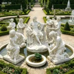 A stunning marble sculpture fountain depicting Roman-style figures in an ornate garden setting with symmetrical pathways and greenery.