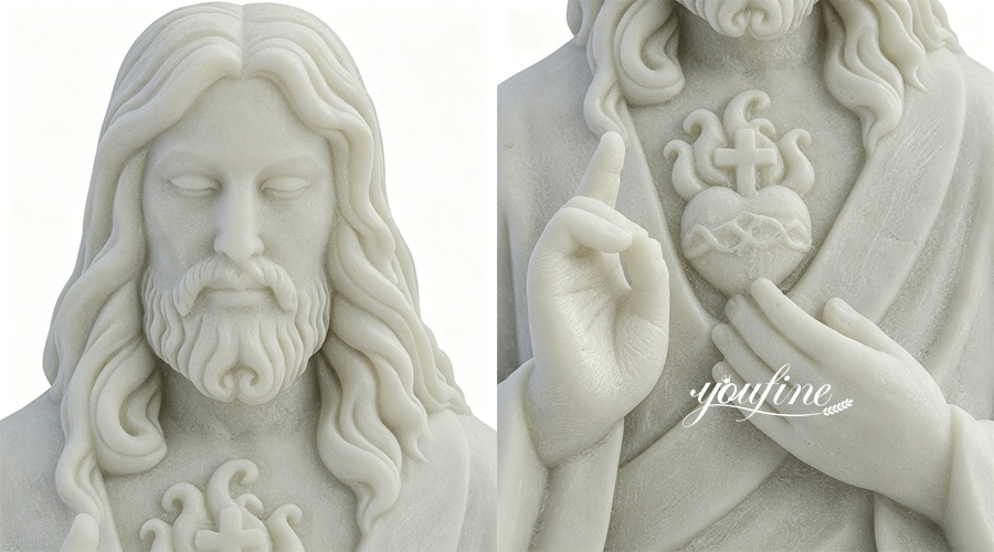 Close-up of a white marble Sacred Heart of Jesus statue showcasing intricate details, including facial expressions and the Sacred Heart symbol.