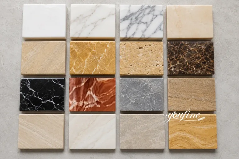 A collection of 16 rectangular marble sample tiles in various colors and patterns, displayed on a light gray surface.