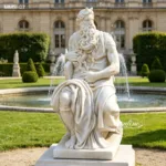A detailed marble sculpture of a seated figure with a flowing beard in a formal garden setting, with a fountain and classical architecture in the background.