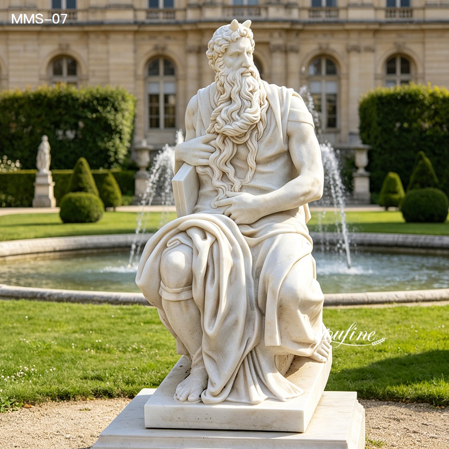 A detailed marble sculpture of a seated figure with a flowing beard in a formal garden setting, with a fountain and classical architecture in the background.