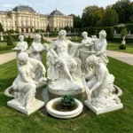 Elegant marble sculpture group depicting classical figures placed within a landscaped garden in front of a grand palace building.