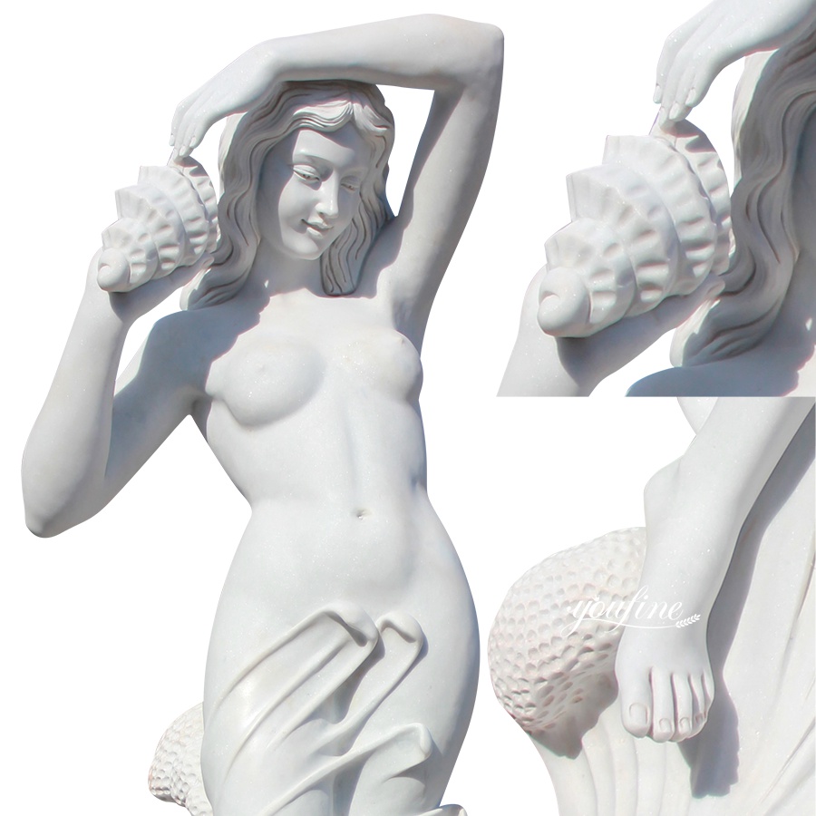 Exquisite white marble sculpture of a woman holding a seashell, showcasing fine details and graceful design.
