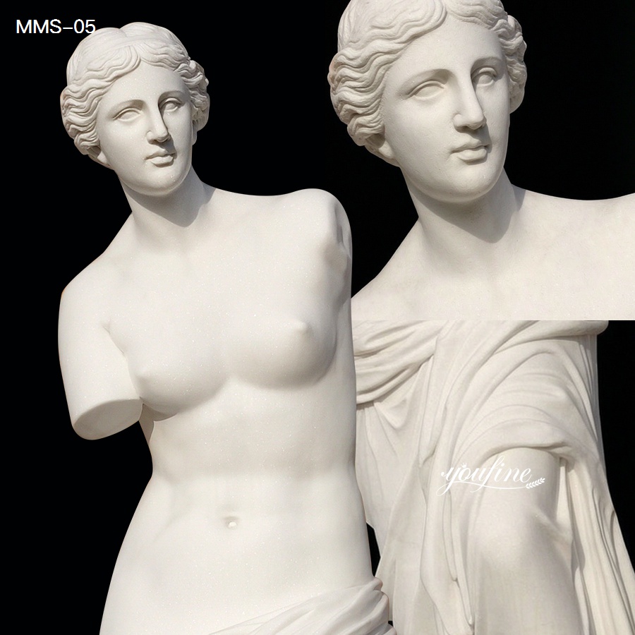 Close-up of a finely carved marble Venus de Milo sculpture with intricate details and a polished finish, showcasing classic Greek artistry.