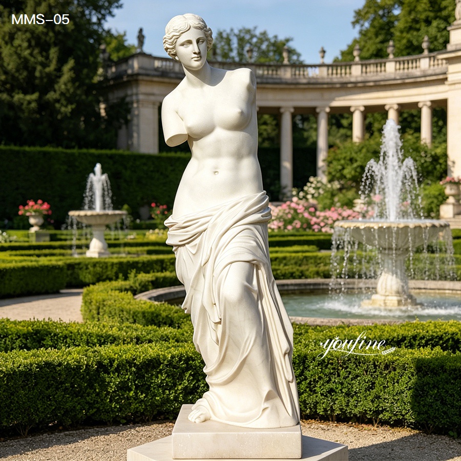 Outdoor marble Venus sculpture on a pedestal, surrounded by a formal garden with fountains and classical architecture.
