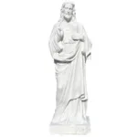 White marble statue of the Sacred Heart of Jesus, featuring intricate detailing and a serene expression, standing on a pedestal.