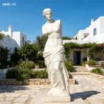 A marble statue inspired by Venus de Milo displayed in a Mediterranean-style garden with white architecture and lush greenery.