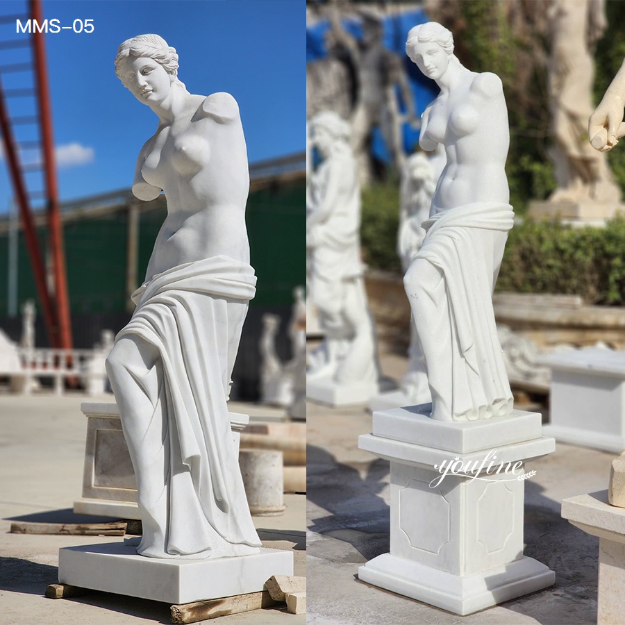 A finely crafted marble sculpture inspired by Venus de Milo, displayed outdoors on a pedestal against a sunny background.