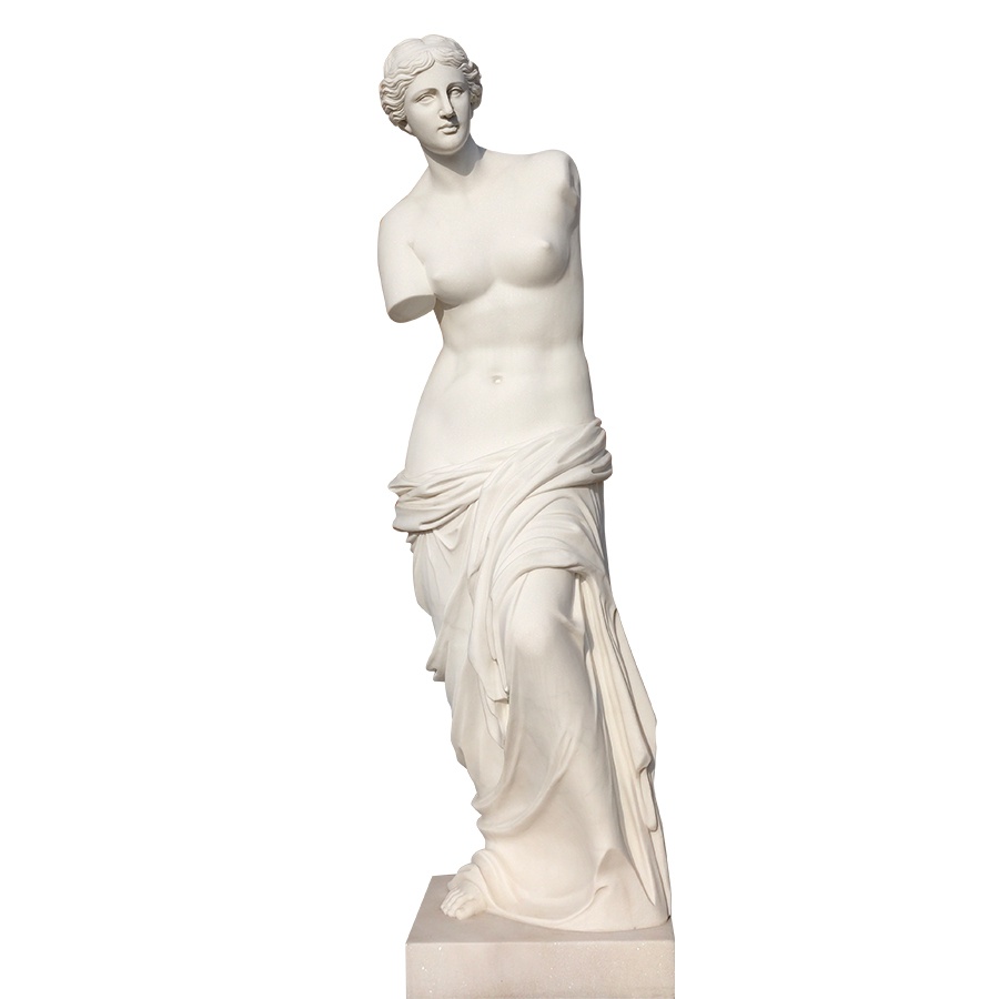 White marble sculpture of Venus de Milo featuring intricate draping and classical artistry, with arms missing, on a pedestal.