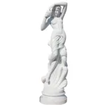 Elegant white marble statue of a woman holding a conch shell, draped in flowing fabric with intricate detail, on a pedestal.