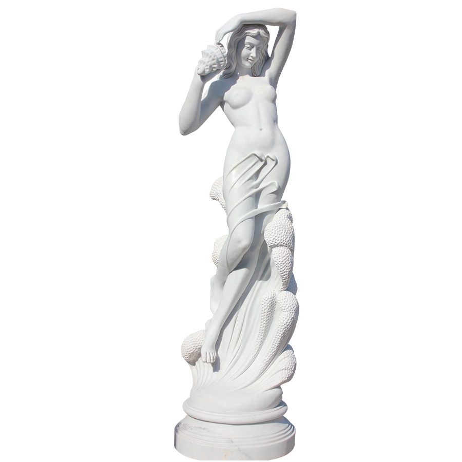 Elegant white marble statue of a woman holding a conch shell, draped in flowing fabric with intricate detail, on a pedestal.