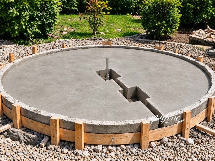 Circular concrete foundation under construction with wooden framing, surrounded by gravel and greenery in an outdoor setting.