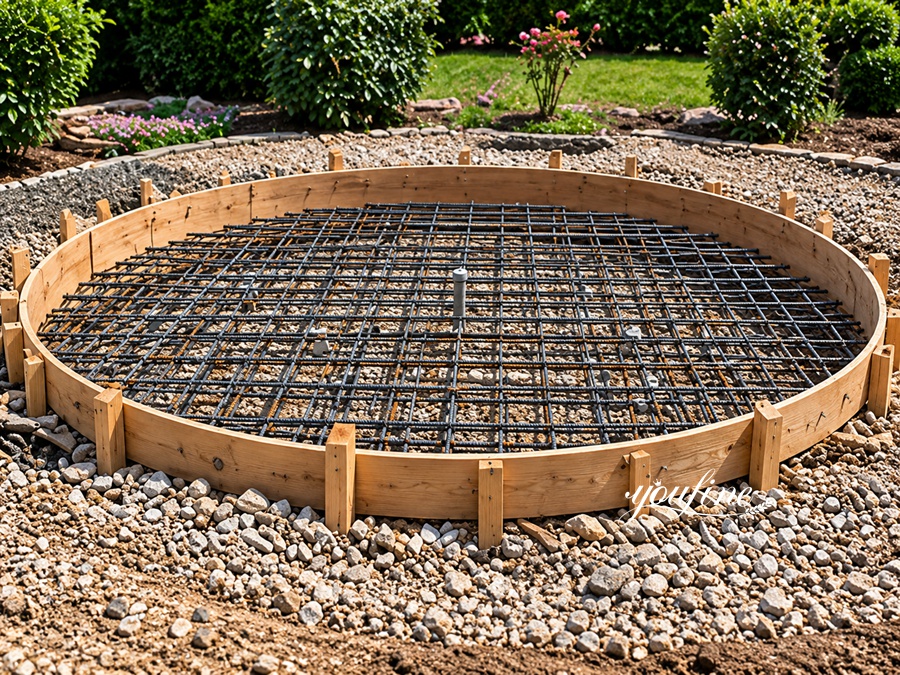 Circular wooden formwork with rebar grid set up for a foundation base surrounded by gravel and landscaping.