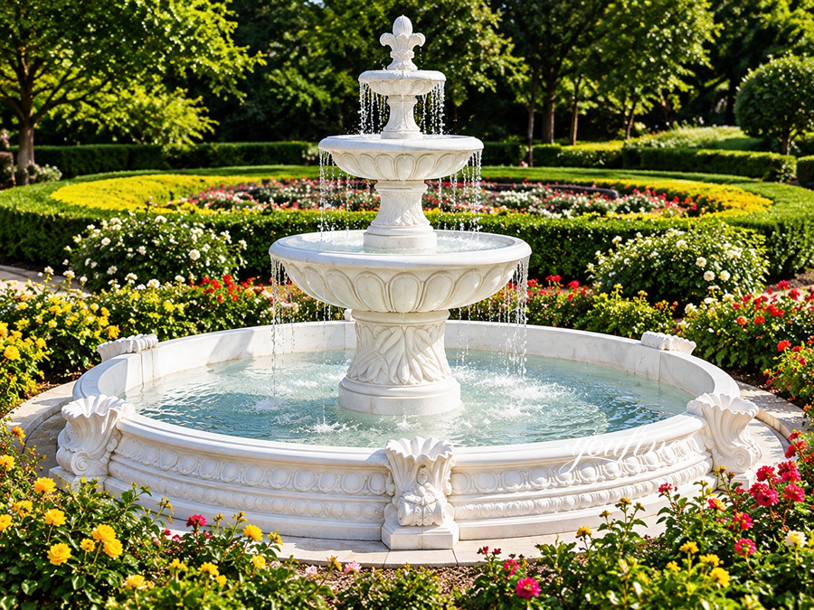 Elegant white marble tiered fountain with water flowing gracefully, surrounded by vibrant flowers and symmetrical garden hedges.