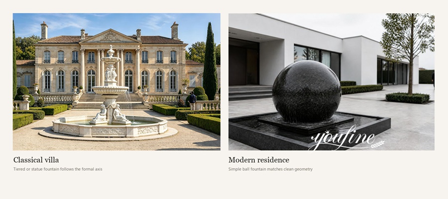 Comparison of a classical villa with a tiered statue fountain and a modern residence featuring a sleek black ball fountain.