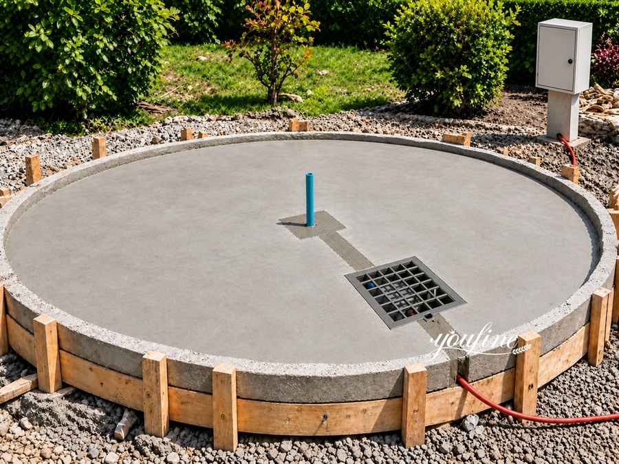 Circular concrete foundation with embedded pipes and drainage system, surrounded by wooden framing, prepared for fountain installation.