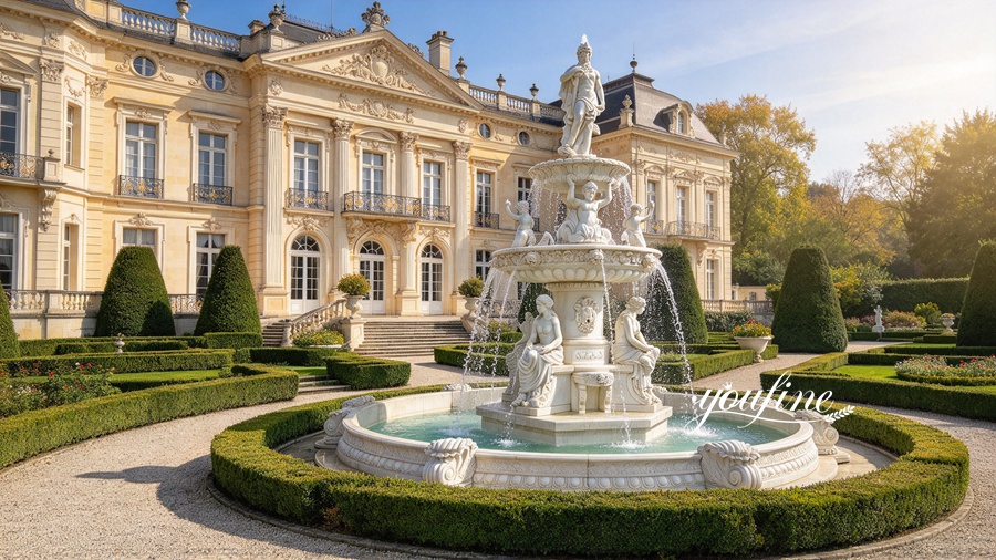 An intricate marble fountain featuring sculpted figures in an elegant garden with a grand European-style mansion in the background.