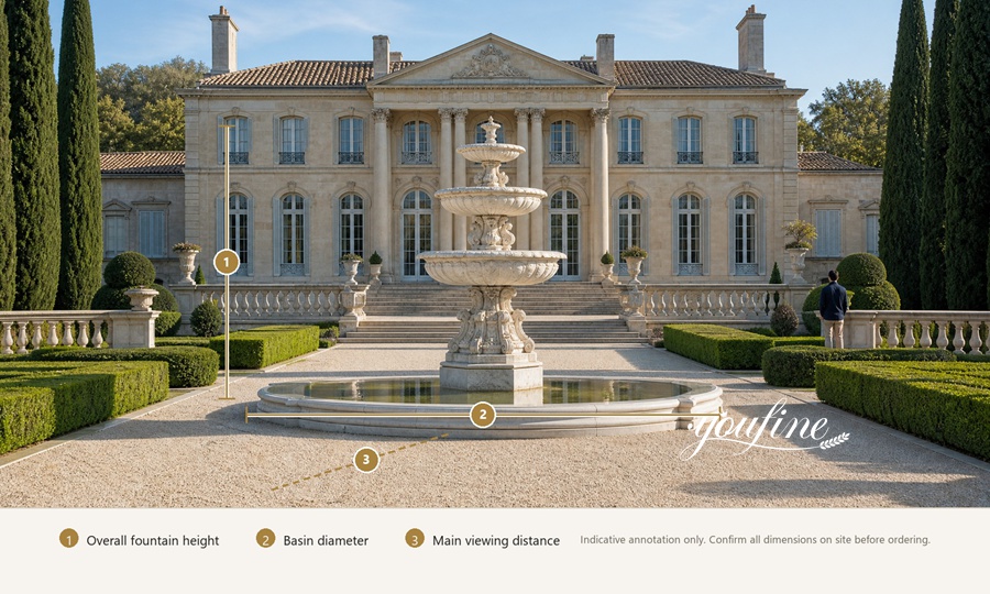 A multi-tiered marble fountain with a large basin placed symmetrically in front of a grand classical-style mansion, framed by hedges and statues.