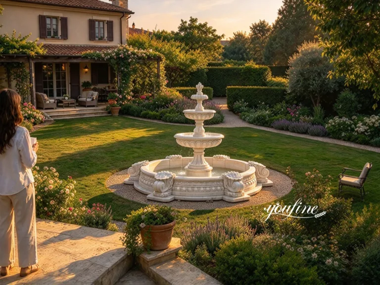 Elegant marble fountain in a landscaped garden with lush greenery, blooming flowers, and a villa at sunset.