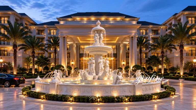 Illuminated grand marble fountain with intricate sculptures at the entrance of a luxury hotel surrounded by palm trees and evening lighting.
