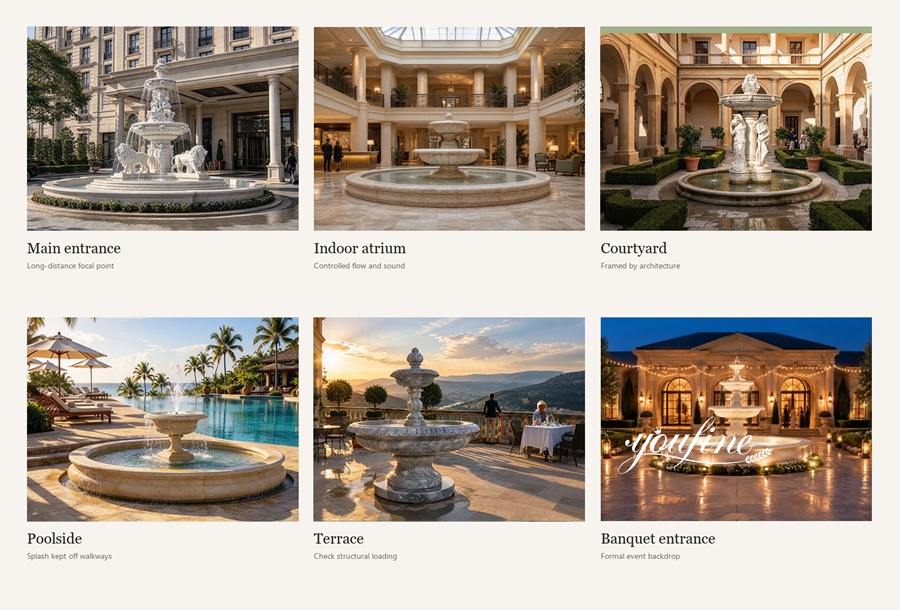 Collection of luxury marble fountains installed in various upscale settings including main entrance, indoor atrium, courtyard, poolside, terrace, and banquet entrance.