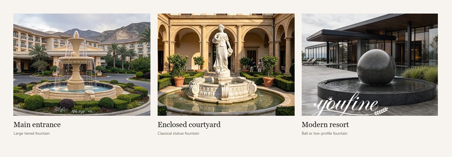 Three distinct luxury fountains: a tiered fountain at a hotel entrance, a classical marble statue fountain in a courtyard, and a modern spherical fountain at a resort.