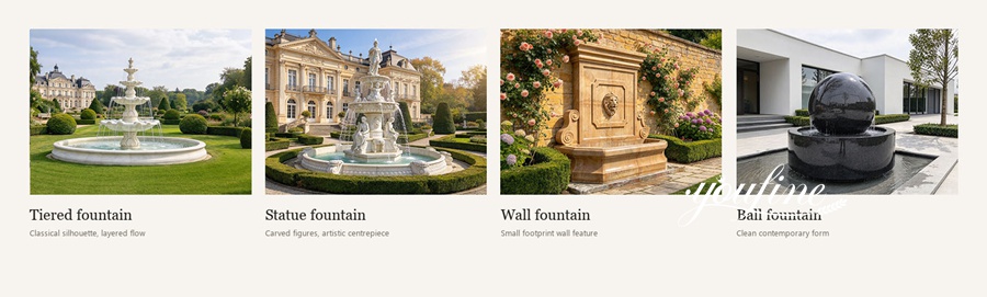 Four types of marble fountains displayed: a tiered fountain on a lawn, a detailed statue fountain near a grand building, a wall fountain with floral accents, and a modern ball fountain in a contemporary setting.