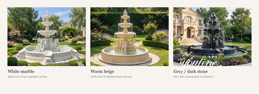 Three luxury marble garden fountains in white, beige, and dark stone, displayed in landscaped settings with floral accents.