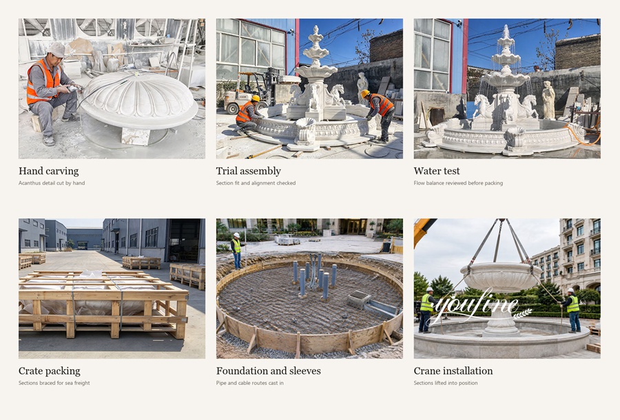 Six images showcasing the step-by-step process of manufacturing a marble fountain, including hand carving, trial assembly, water testing, crate packing, foundation preparation, and crane installation.