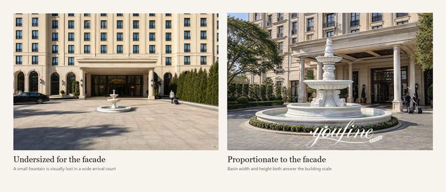 Side-by-side comparison of a small marble fountain and a proportionally sized fountain in front of a grand building facade.