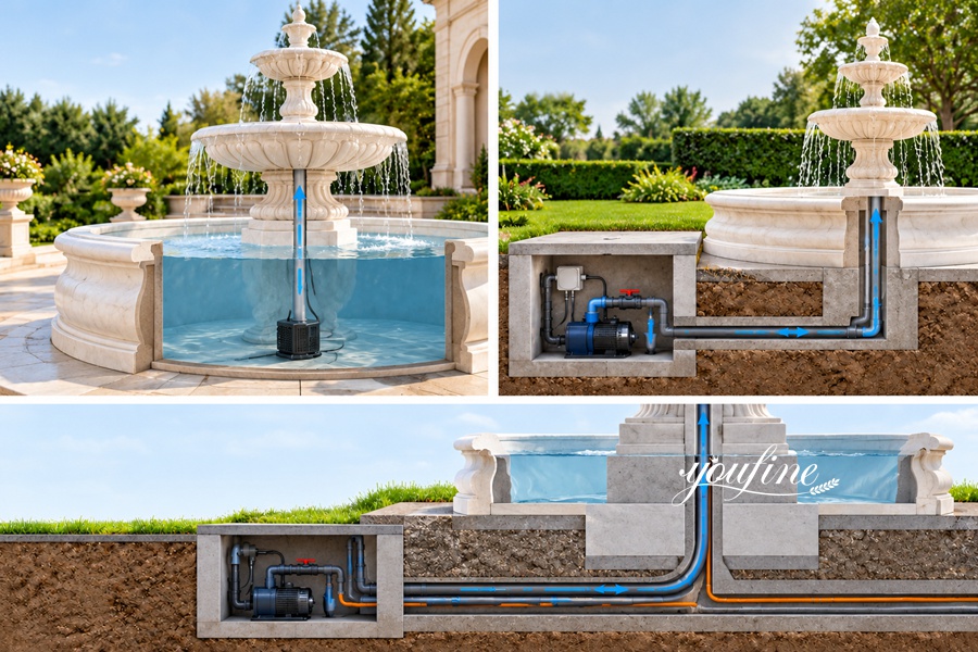 Illustrated breakdown of a marble fountain's water circulation system, showing pump mechanisms and pipe connections beneath the fountain.