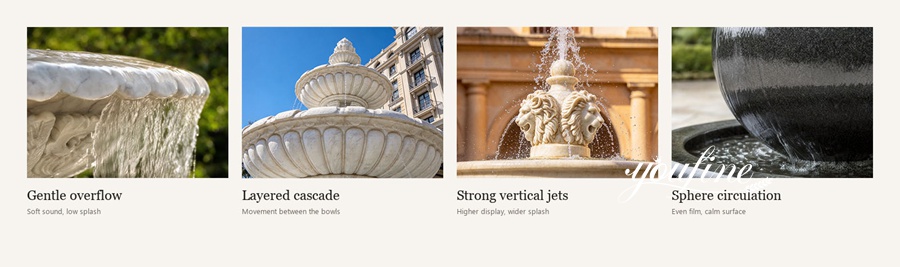 Four distinct styles of marble fountain water features showcasing gentle overflow, layered cascade, strong vertical jets, and sphere circulation.