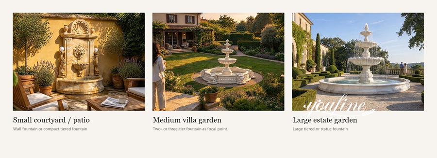 Three types of marble fountains displayed: a wall fountain for small courtyards, a tiered fountain for villa gardens, and a large estate garden fountain.